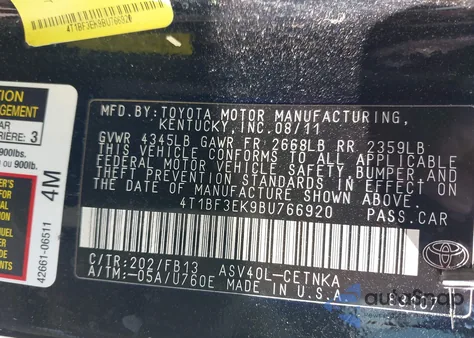 2011 Toyota Camry Le из США, поврежденный, VIN 4T1BF3EK9BU766920